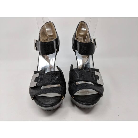 MICHAEL KORS BLACK LEATHER SNAP PEEP TOE ANKLE STRAP PLATFORM HIGH HEELS 8 M - Picture 2 of 9